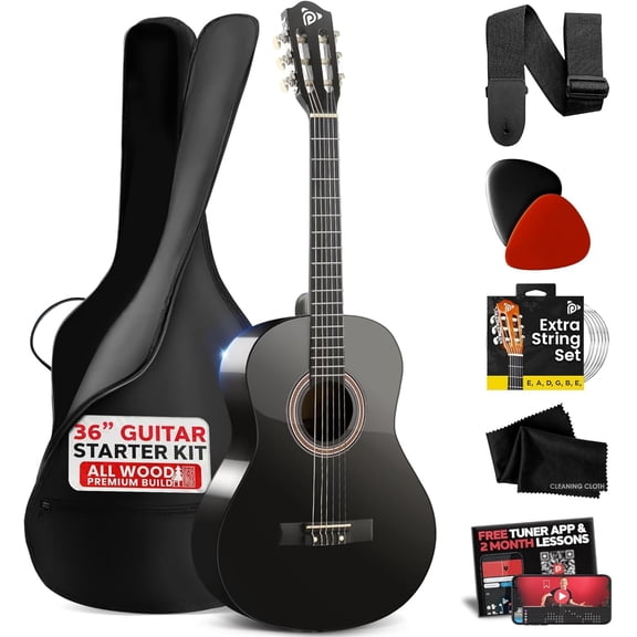 Pyle 36" Classical Acoustic Guitar Kit – 3/4 Junior Size All Wood Beginner Guitar for Kids & Adults, Glossy Black