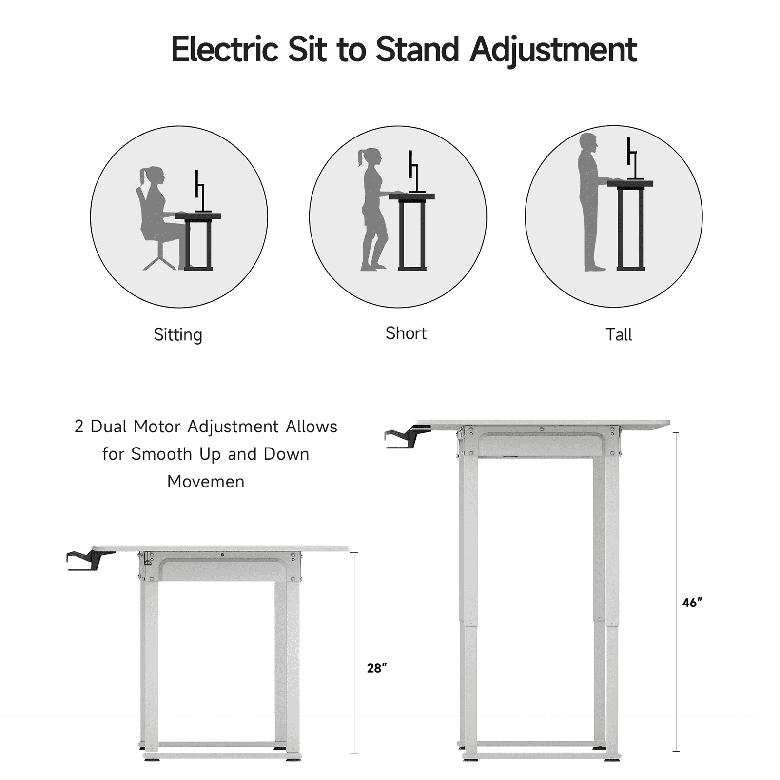 71x32 Inch Rectangular Standing Desk, Features a Sturdy 4-leg Design, Dual-Motor Lift System, and Memory Settings. Height adjustable from 28 to 46 Inches for Home Offices and Computer Work, White