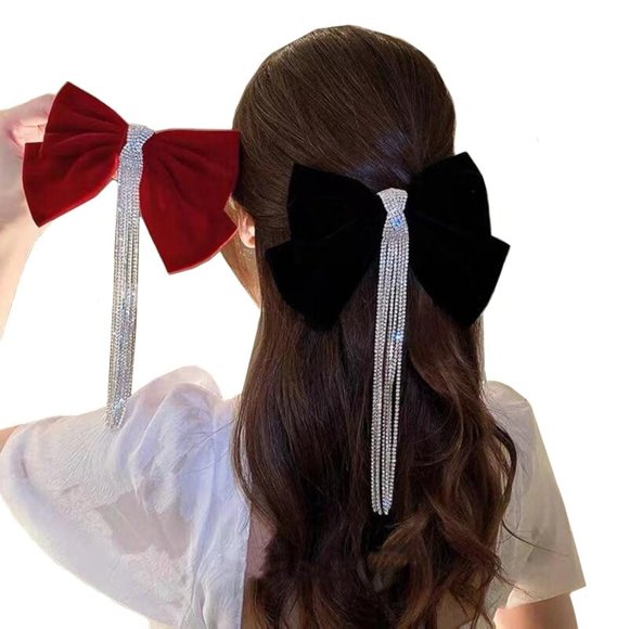 Pinza para el pelo con nudo de lazo grande de terciopelo vintage con borla de diamantes de imitación, pasador de mariposa hecho a mano para novia, fiesta de graduación, accesorios para el cabello para