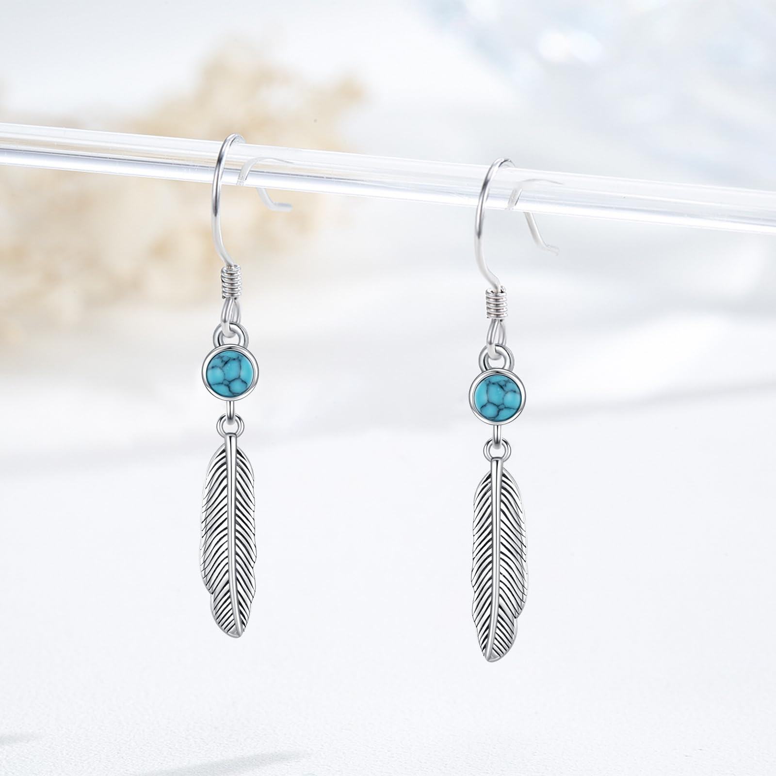 Coachuhhar Feather Dangle Earrings 925 Sterling Silver Turquoise Drop Earrings Western Jewelry Gifts for Women Mom