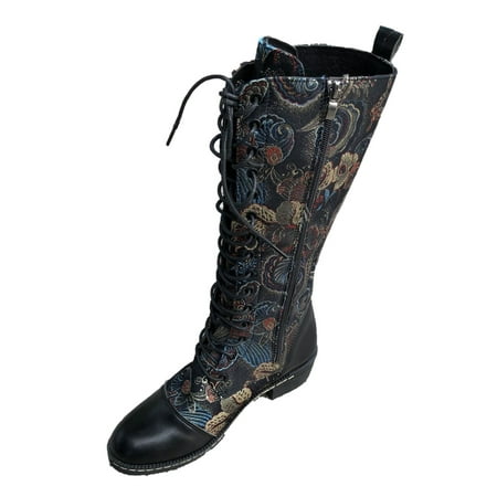

Valentine s Day Deals!2022 Juebong Winter Women Flat Flower Embroidered Ladies Lace Up Mid-Calf Retro Zipper Casual Boots