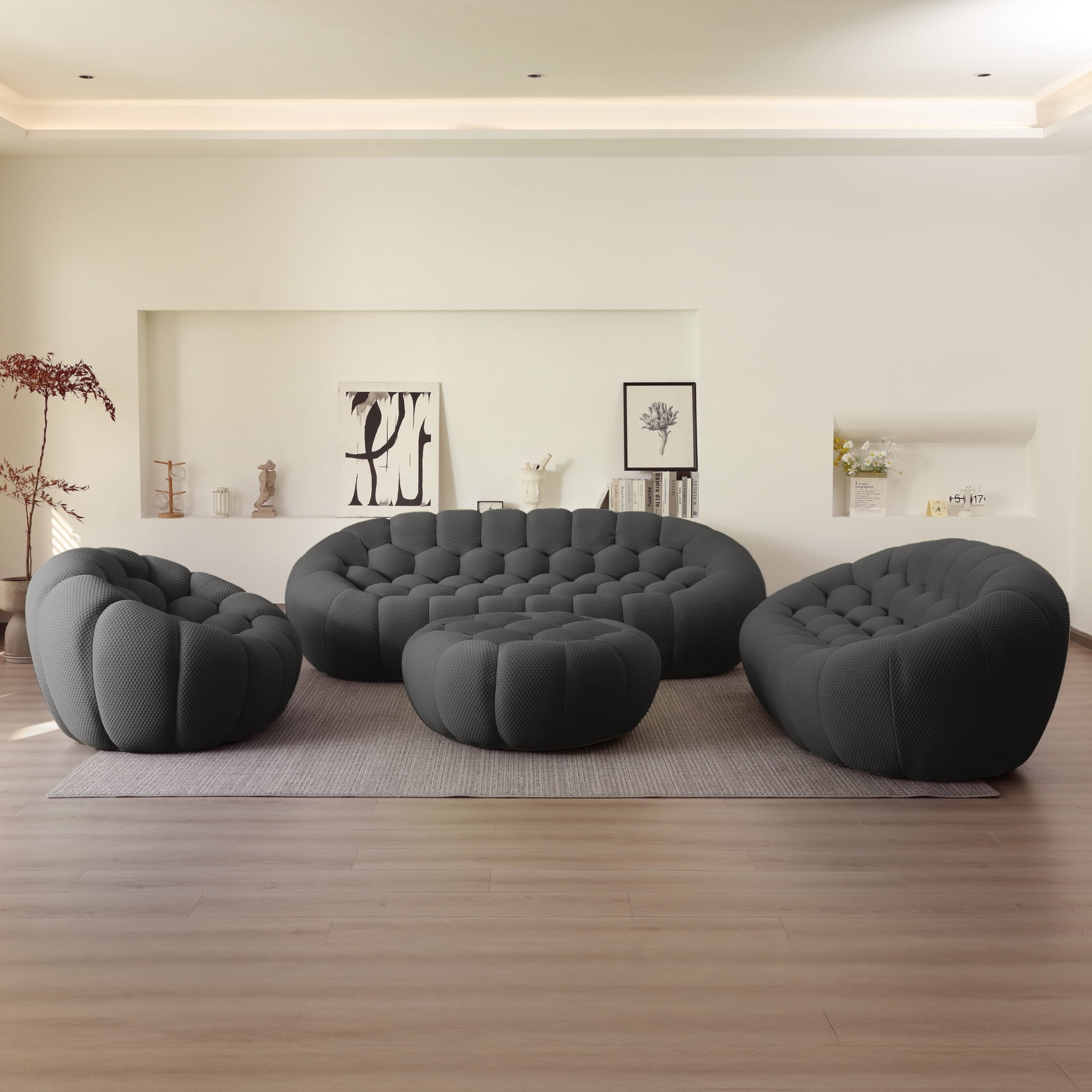 Sodrens 98.43" Bubble Couch,Modern Upholstered Mesh Fabric Lazy Floor Sofa,3D Honeycomb Shape Bubble Sofa Curved Couch for Living Room,Office,Apartment,No-Assembly(Dark Grey,3-Seater)