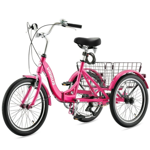 VIRIBUS Folding Carbon Steel Three-Wheel Adult Tricycle 20in 7 Speed Dual Chain Trike Hot Pink