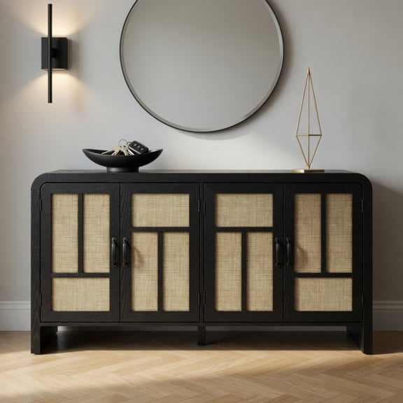 59" Wide Black Rattan Sideboard Buffet Cabinet, 4 Doors & Adjustable Shelves
