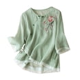 thumbnail image 2 of Women Shirts Embroidered Tops For Women Floral Cotton Linen Tunic Tshirt Tee Women 3/4 Sleeve V Neck Button Boho Ethnic,Green Women Shirts XL, 2 of 6