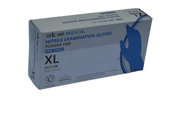 TRICARE MEDICAL, Nitrile Exam Gloves, Low Derma, Chemo Drug Tested, Blue, 4.7Mil, Box of 100, x Large