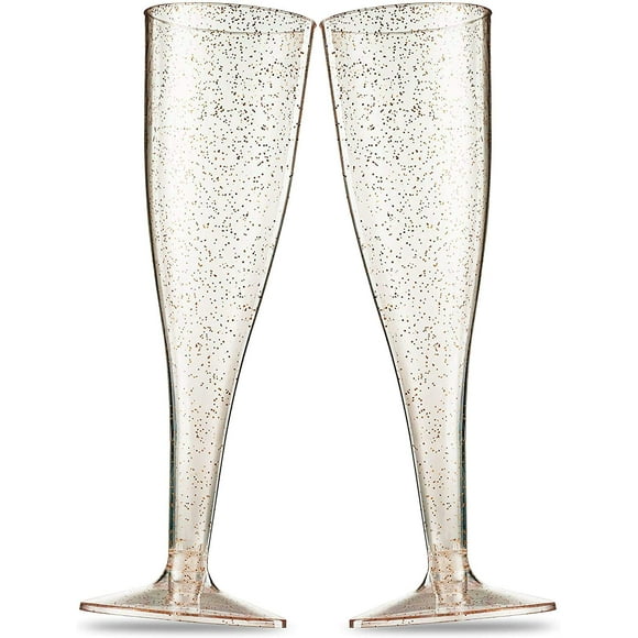100 Plastic Champagne Flutes - Disposable Champagne Flute - Gold Glitter Plastic Champagne Glasses for Parties, Mimosa Bar, Events, Wedding and Shower Party Supplies - Toasting Cocktail Cups