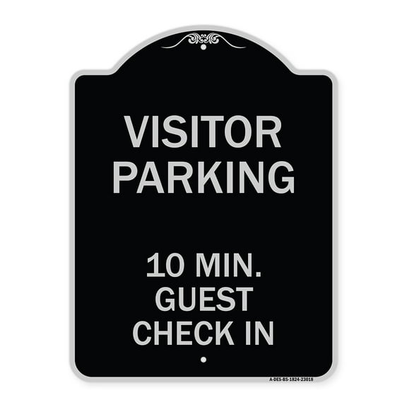 SignMission Designer Series Sign - Reserved Parking Sign Visitor Parking 10 Min. Guest Check In | Black & Silver 18" x 24" Heavy-Gauge Aluminum Architectural Sign | Made in the USA