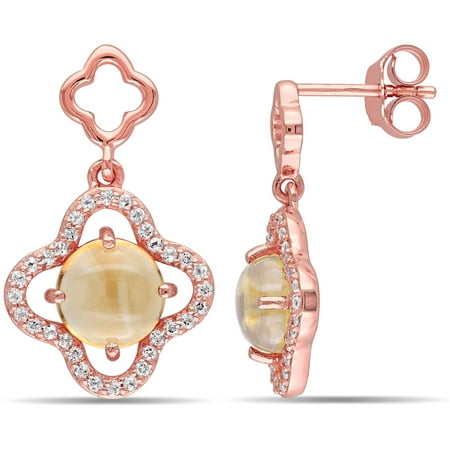 Tangelo 3.04 Carat T.G.W. Citrine and Cubic Zirconia Rose Rhodium-Plated Sterling Silver Flower Dangle Earrings