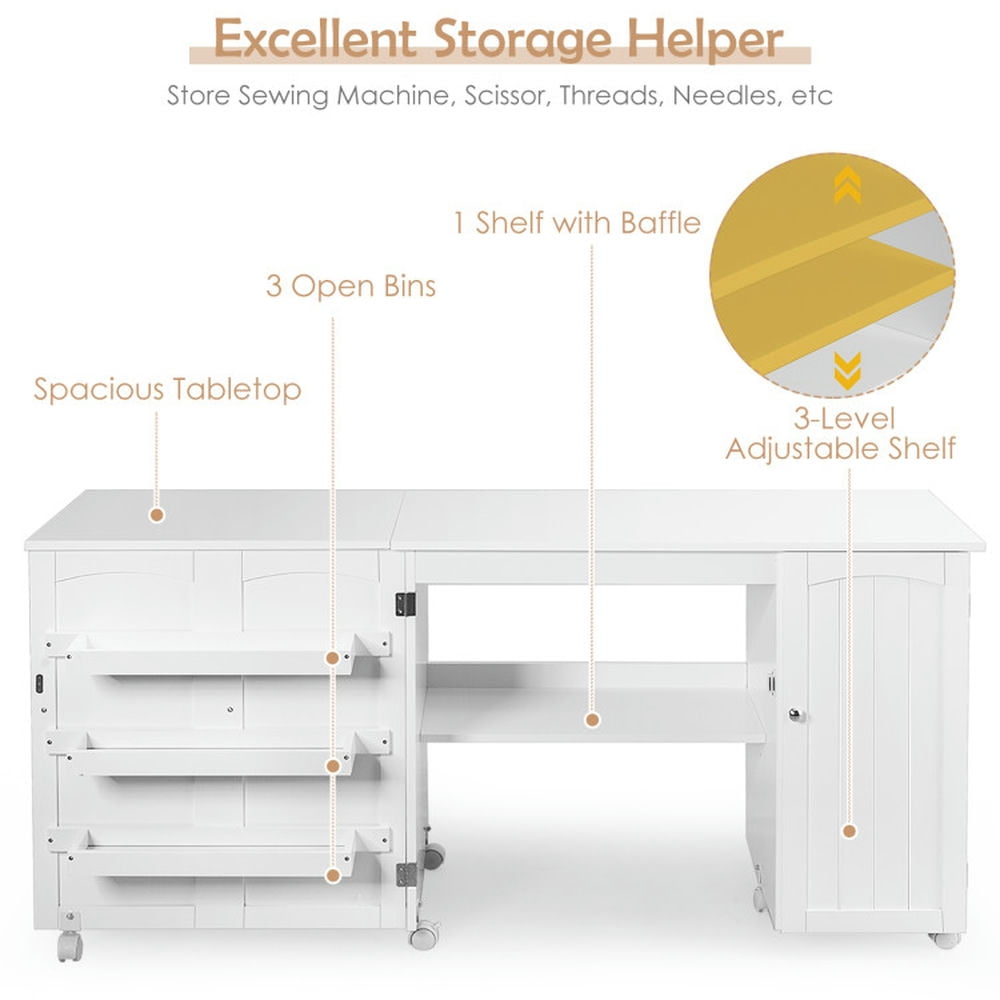 Demi Bonn Folding Sewing Table Shelves Storage Cabinet Craft Cart with Wheels, Small Home Office Desk Study Writing Table, White