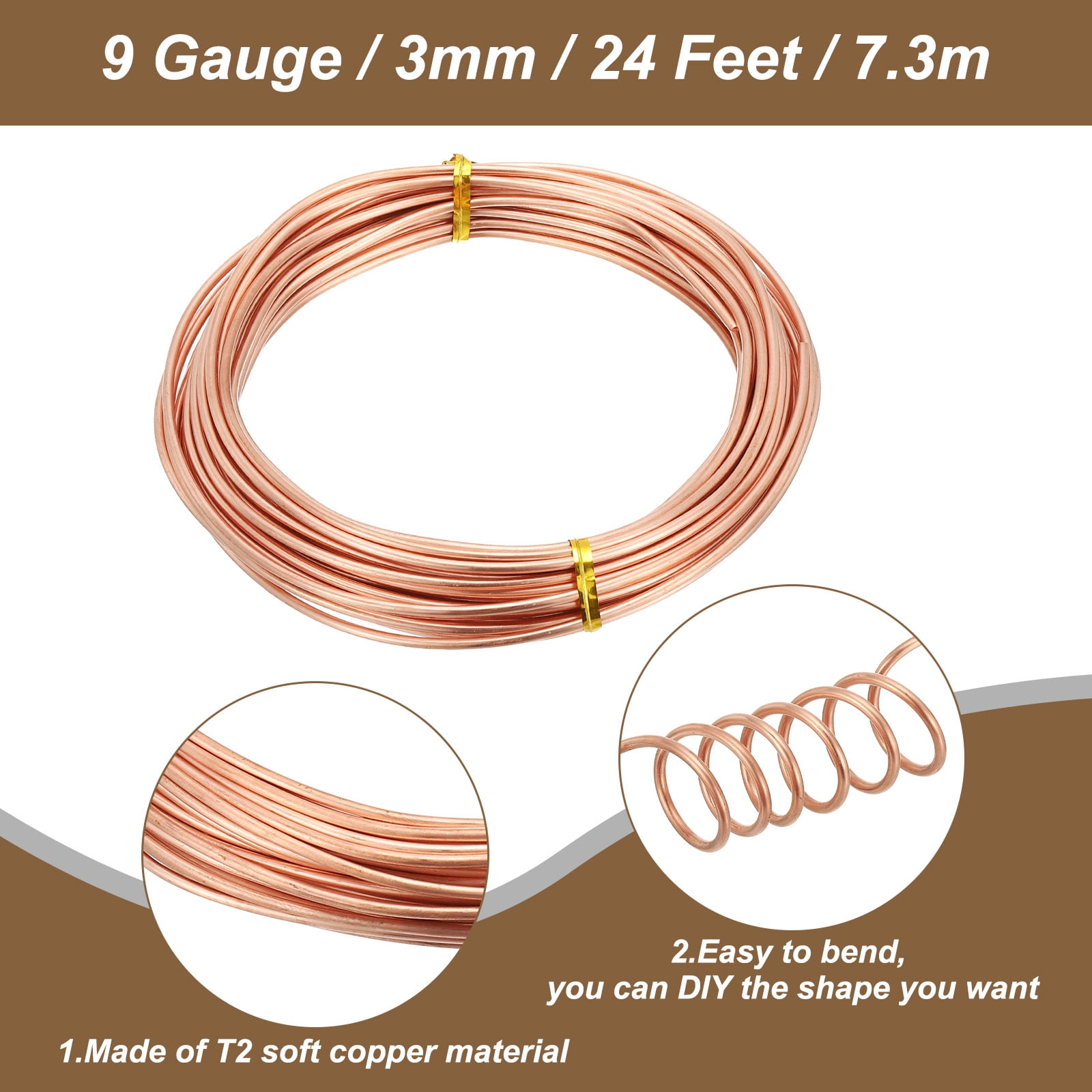 Uxcell 99.9% Soft Copper Wire, 9 Gauge/3 mm Diameter 24 Feet/7.3 m 1 Pound