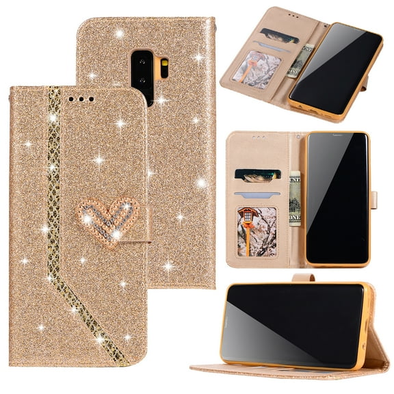 Galaxy S9  Plus Case Wallet, Allytech Premium PU Leather Folio Flip Stand Magnetic Glitter Diamond Embossed Full Body Protective Cards Slots Wallet Case Cover for Samsung Galaxy S9 Plus, Gold