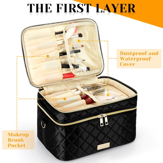 Kojooin Makeup Bag Large Makeup Case for Women, Fashion Organizer for Brushes Double Layer with Strap Cosmetic Bags for Daily Use & Travel, Black