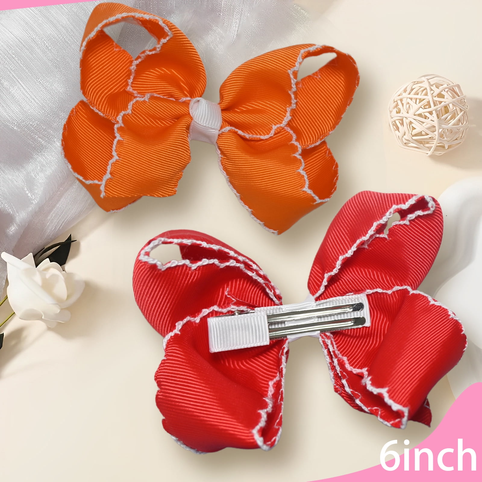 JoyBowie 12pcs 6 Inch Red Ruffled Hair Bows for Girls Toddlers, Satin Ribbon Hair Clips for Kids Party Daily Hairstyles