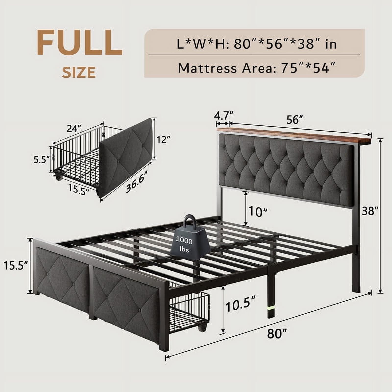 iPormis Full Platform Bed with Storage Drawers and Charging photo 2
