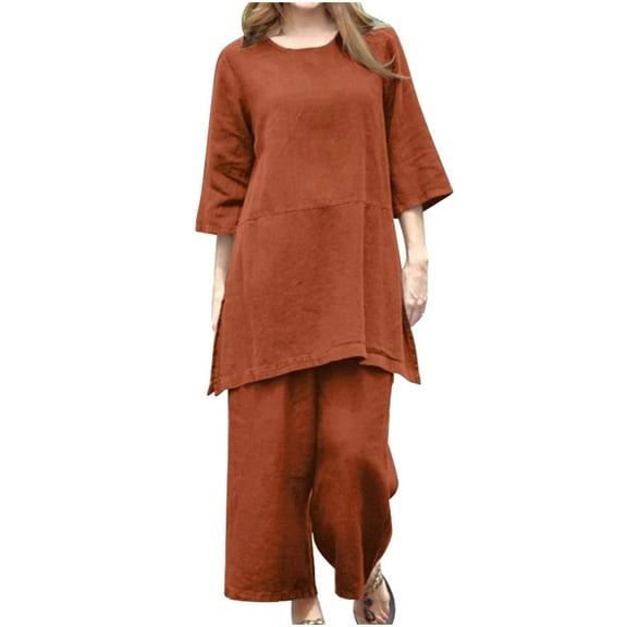 Summer Savings Clearance 2024! TAGOLD Womens Two Piece Outfits Sets,Fashion Women Summer Casual Solid Short Sleeve Round-Neck Sleeve Blouses Botton Tops Long Pants