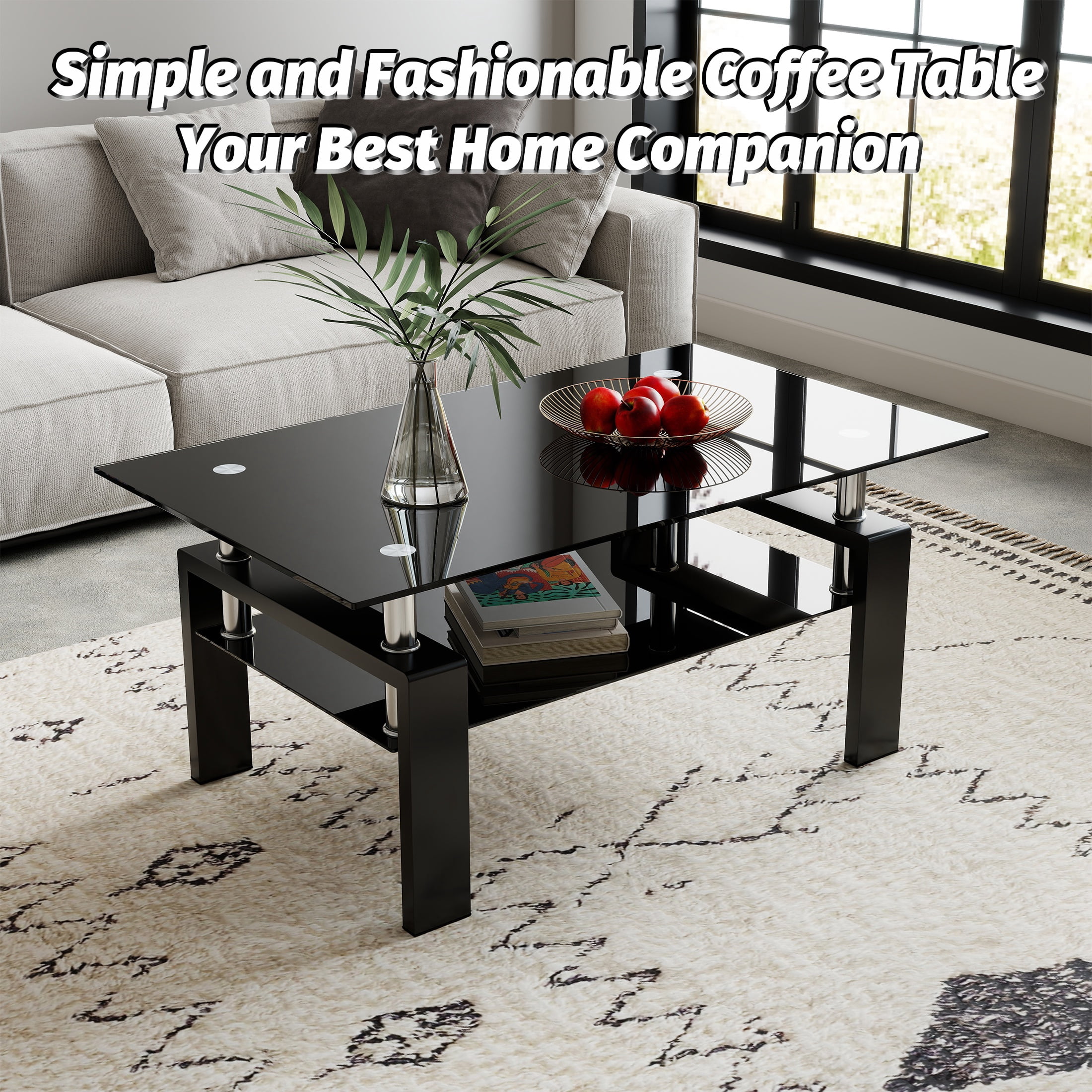 Glass Coffee Table for Living Room, SEGMART Modern Coffee Table with Lower Shelf, Rectangle Center Table with Metal Legs, Glass Table, Sofa Table, Tea Table, Living Room Table