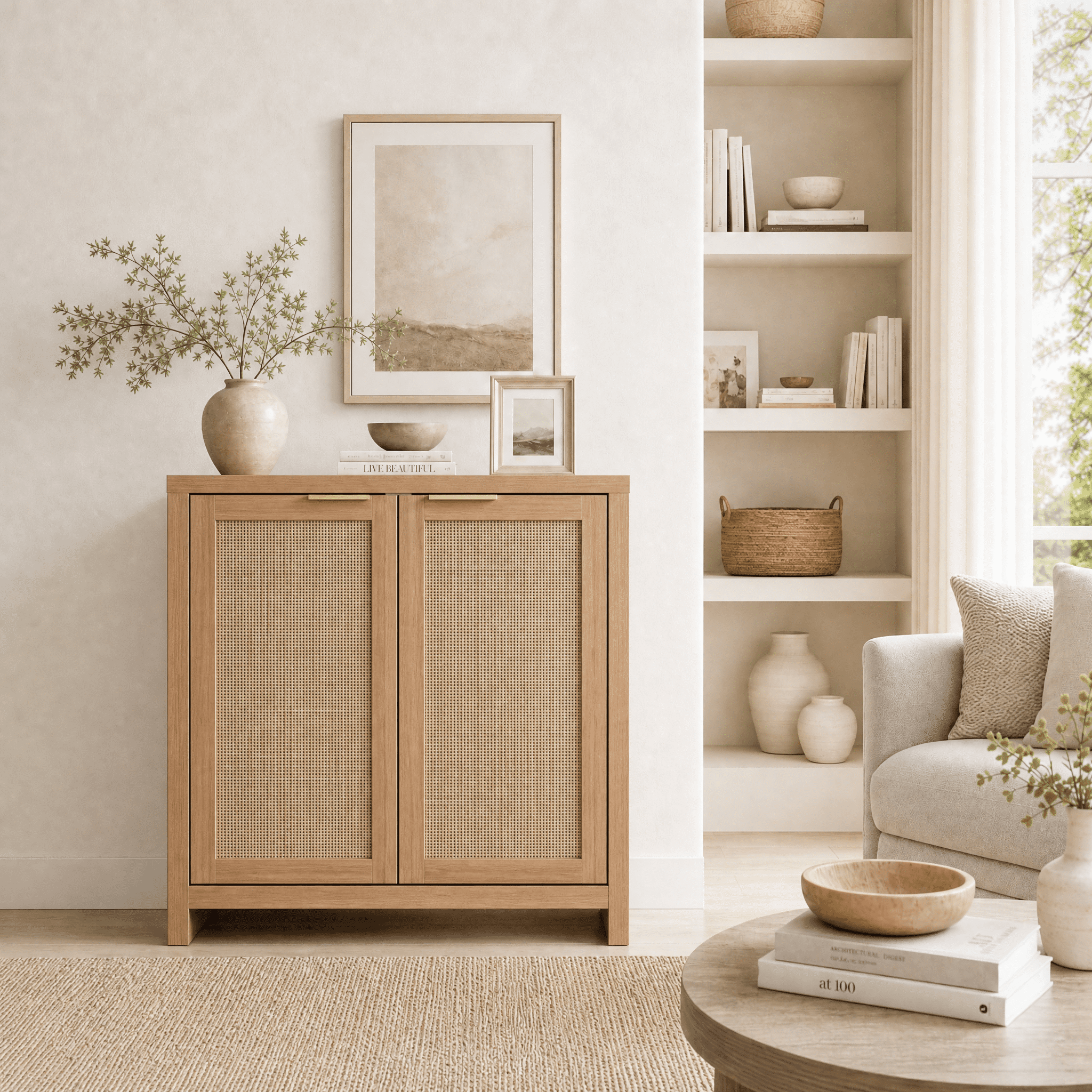 ARKANTOS Sideboard Buffet Cabinet with Large Storage, Boho Rattan Coffee Bar Cabinets with Adjustable Shelves, Buffet Console Table for Kitchen Living Room Hallway, Oak