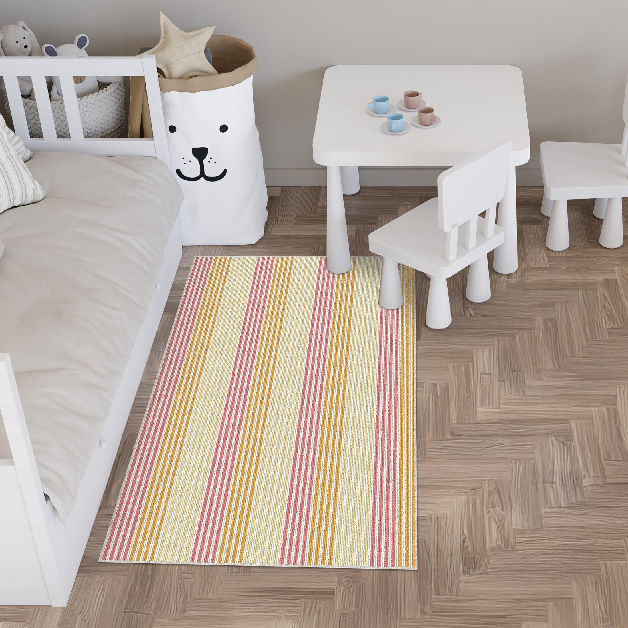 Mainstays Kids Indoor Pink and Yellow Striped Machine Tufted Accent Rug, 28.8" x 45", Machine Washable, Non-Skid Backing