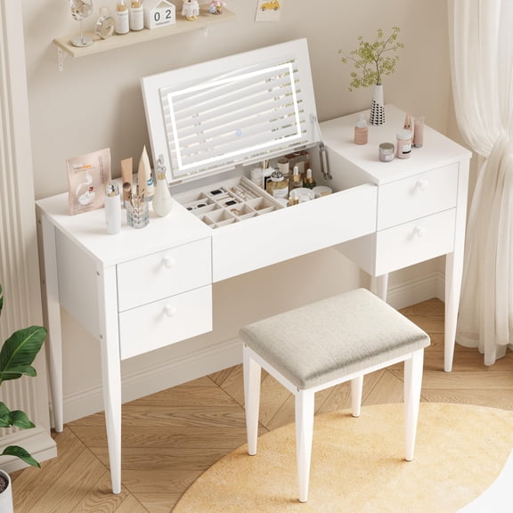 TROPOW Makeup Vanity Desk with Mirror and Lights, 3 in 1 Make Up Vanity Table with Lighted Mirror, 3 Lighting Mode, Modern Flip Top Vanity Set with 5 Drawers, Stool Chair, for Bedroom, White