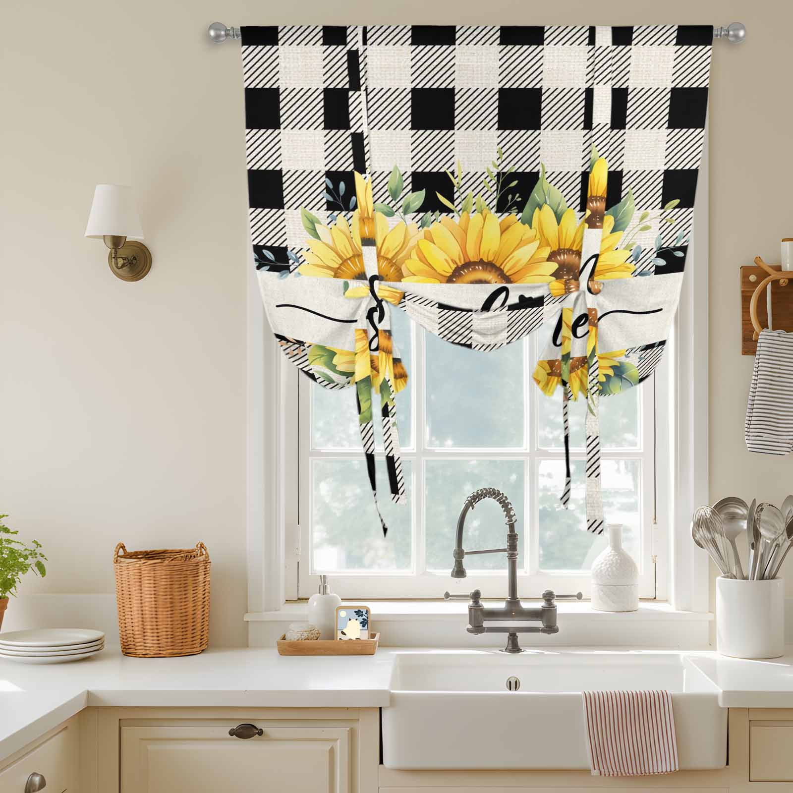Summer Welcome Tie Up Curtain 45 Inches Long, Yellow Sunflower Leaf Retro Linen Black Plaid Balloon Style Kitchen Window Curtain Over Sink, Small Window Rod Pocket Curtain 52"x45"