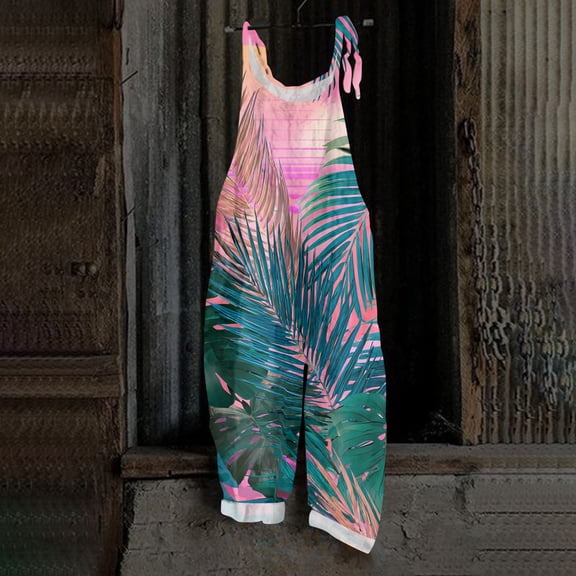 Iaqnaocc Hawaiian Womens Jumpsuit Summer Plus Size Boho Beach Vacation Womens Romper Sleeveless Tropical Jumpsuits Rompers Casual Loose Adjustable Strap Womens Overalls Pink 3XL