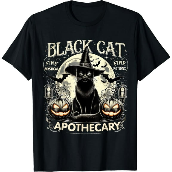 Black Cat Apothecary Vintage Halloween Gothic Art T-Shirt