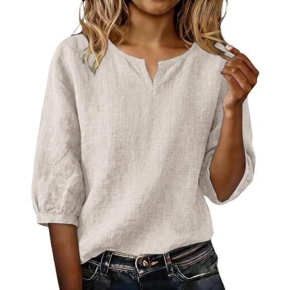 Sillenn Notch Neck Puff Bubble 3/4 Sleeve Cotton Linen Blouse for Women Loose Fit Dressy Casual Muslin Shirt Lightweight Breathable Relaxed Fit Tunic Shirt Casual Summer Basic Linen Shirts Beige L