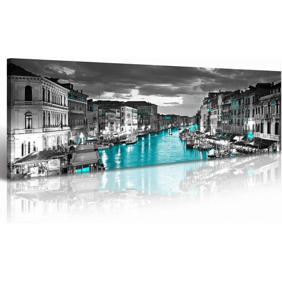 Aaheei Venice Skyline Wall Art Black and White City Canvas Artwork Italy Wall Art Cityscape Coastal Aqua Green Teal Waterfront Painting Poster for Bedroom Office Decoration Modern Home