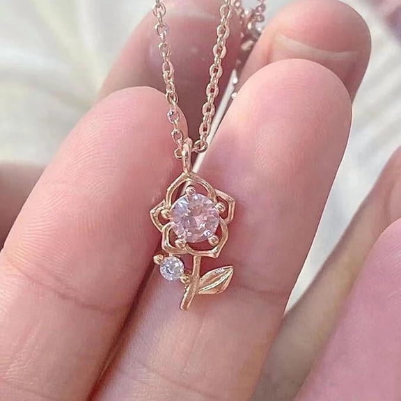 1 Elegant Rose - Gold Flower - Inspired Necklace with Pink Crystal，gold necklace，necklaces for women，jewelry women，christmas gifts