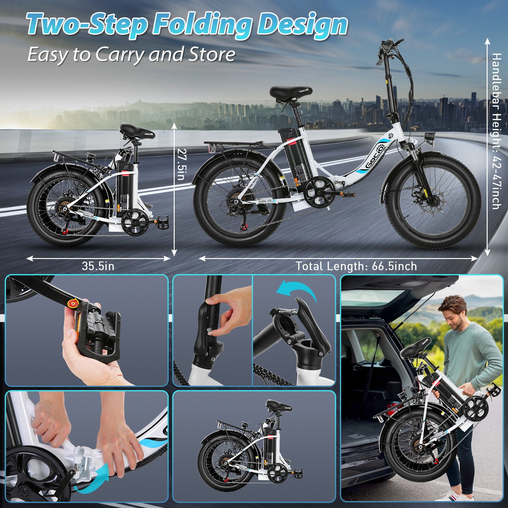 Gocio 20" Folding Electric Bike for Adults, 750W Peak Motor Fat Tire Commuter Ebike, 48V 10.4Ah Battery, 7 Speed, UL2849