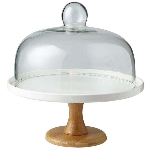 Soporte para tartas con tapa de cúpula de cristal, bandeja de cerámica para servir postres y bodas. 245 cm x 15 cm