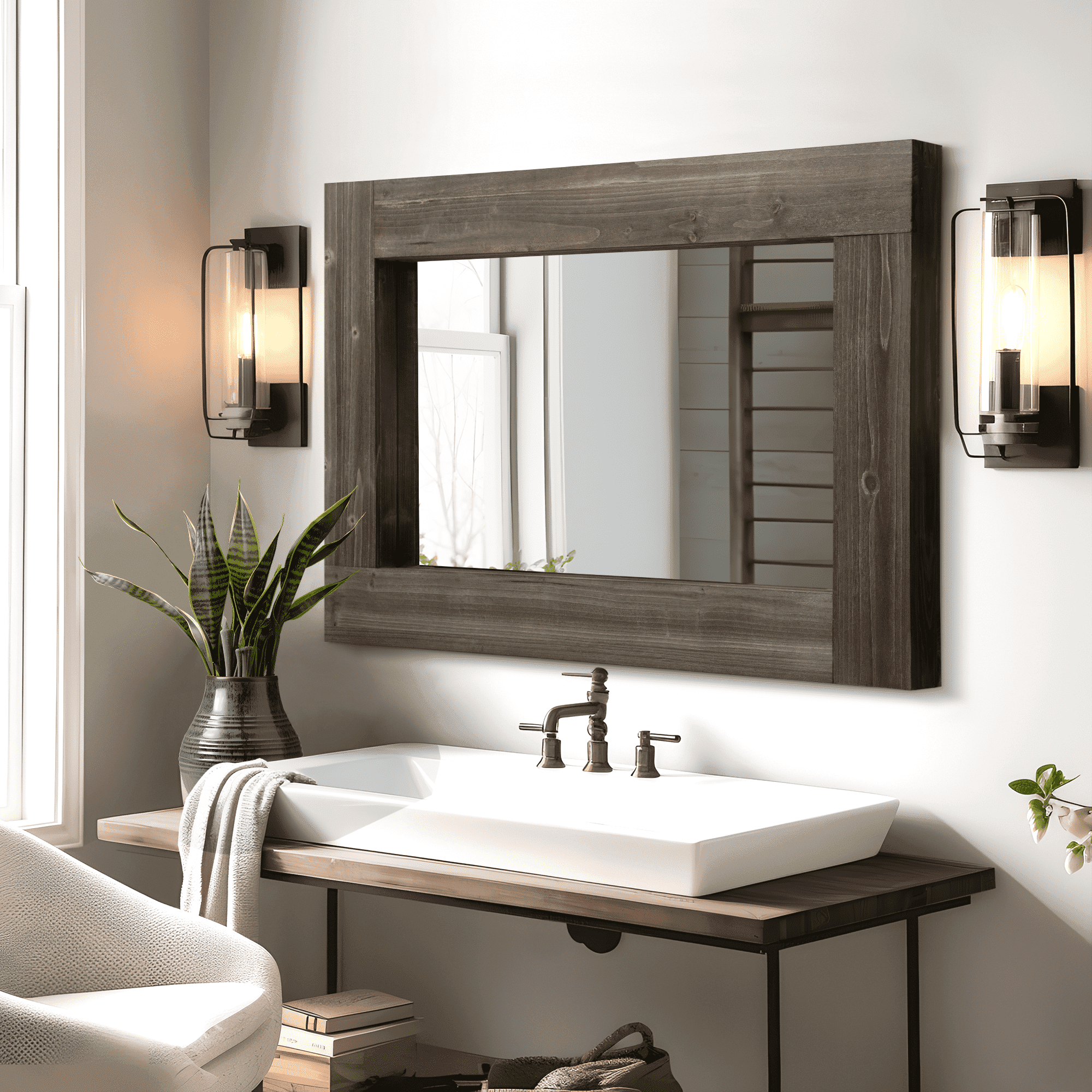 MAYEERTY 36"×24" Vintage Brown Solid Wood Wide-Frame Hollow Mirror Double-Sided for Living Room