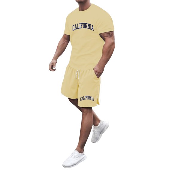 KKBOTIVE Men's 2pc Outfit Set Solid Color Round Neck Shorts Sleeve Tracksuit 2 Piece Summer Suits Adults, Beige Size: L