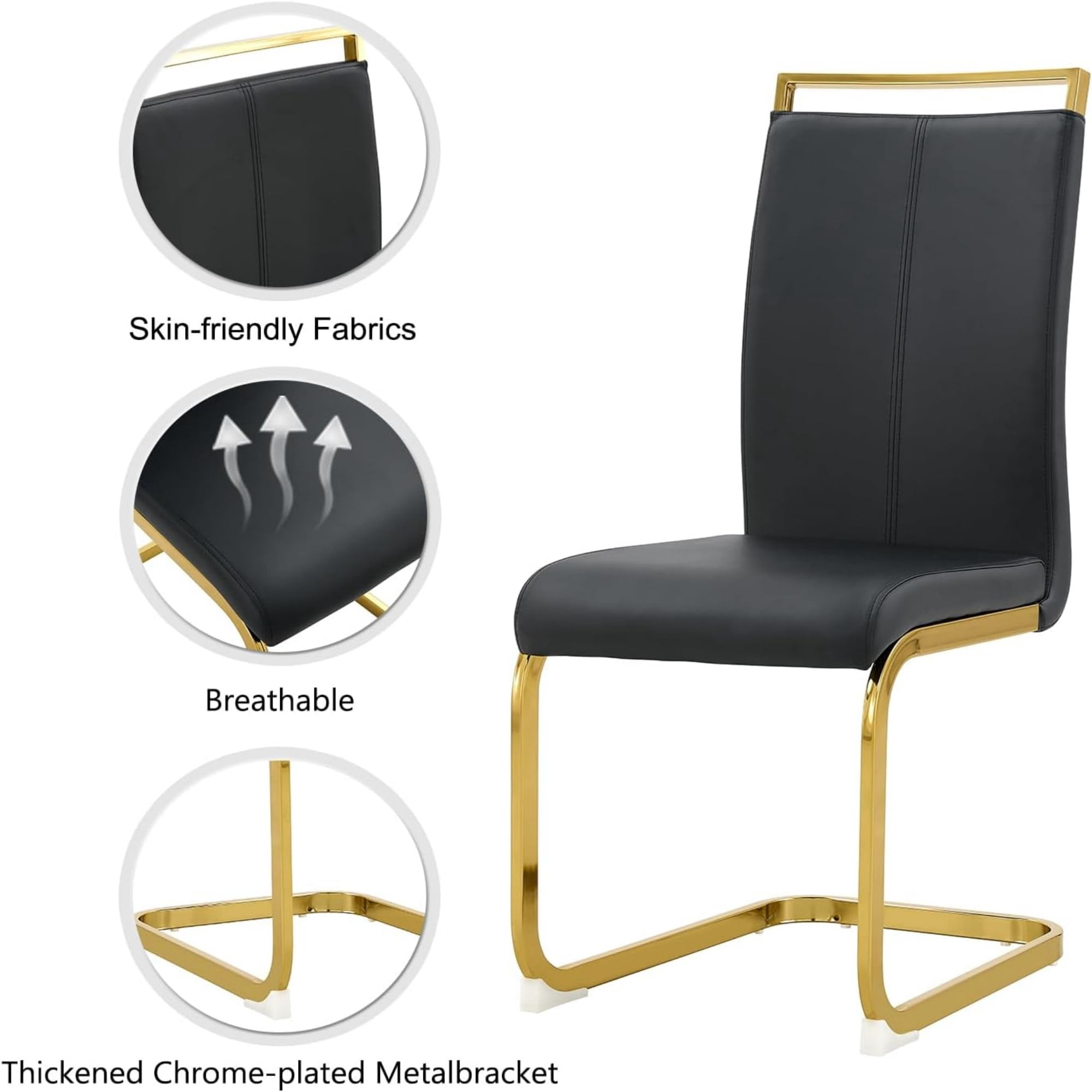 TesNus Modern Dining Chairs Set of 6,High Back Black Kitchen Chairs,Faux Leather Side Chair with Gold Plated Metal Legs,Easy to Clean Upholstered Dining Chairs,Ideal for Living Room(Gold Leg)