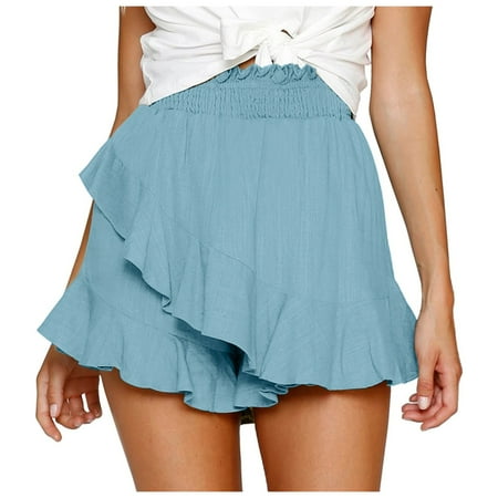 WNVMWI Womens Shorts Boxer Shorts for Women Knee Length Shorts Women Summer Casual Shorts Skate Skirt Mini Wrap Skirt Beach Flowing Linen Cotton High Waist Shorts Summer Young Adult Shorts Blue P L