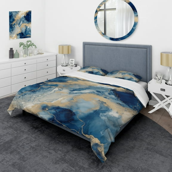 Designart "Liquid Aesthetics Blue and White III" Abstract Liquid Ink Bedding Covert Set - Modern Blue Abstract Bed Set With 2 Shams