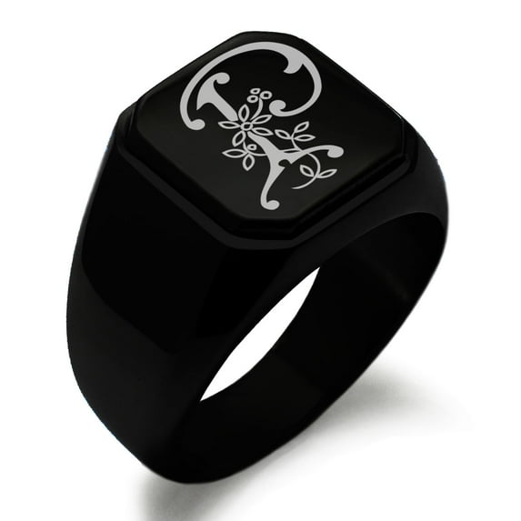 Stainless Steel Letter P Initial Floral Monogram Engraved Engraved Square Flat Top Biker Style Polished Signet Ring