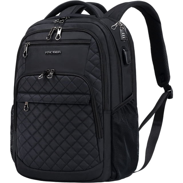 Mochila KROSER para portátil de viaje de 17 pulgadas, repelente al agua, negra