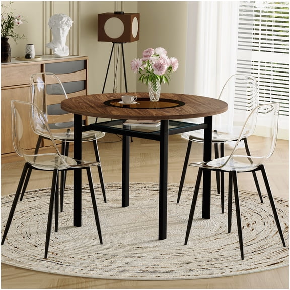 42 Inch Round Kitchen Table Set, 5-Piece Brown Dining Set with Clear Chairs and Black Frame