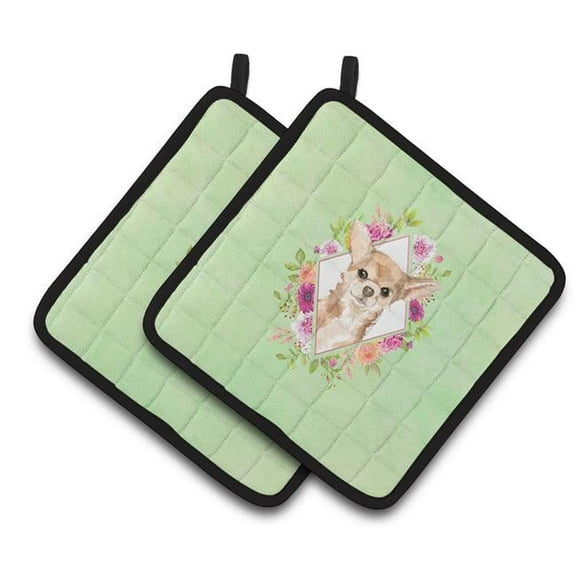 Carolines Treasures CK4405PTHD 7.5 x 7.5 in. Chihuahua Green Flowers Pair of Pot Holders