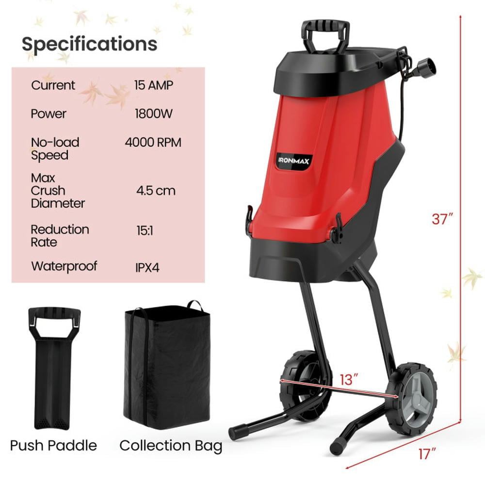 Kadyn 15-AMP Electric Wood Chipper and Shredder Leaf Mulcher with Wheels-Red