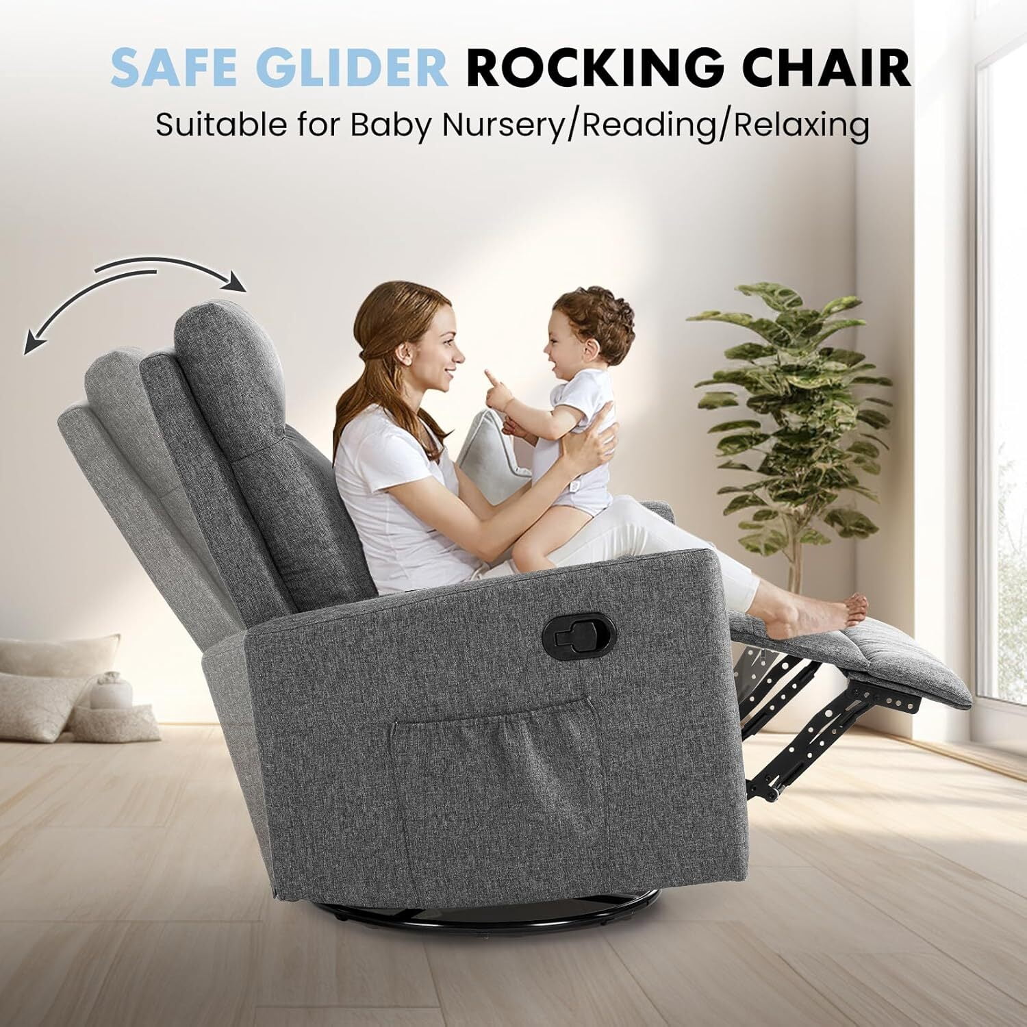 AENKYO Recliner Chair Swivel Rocking for Living Room, Glider Rocker with Extra Large Footrest - Gray