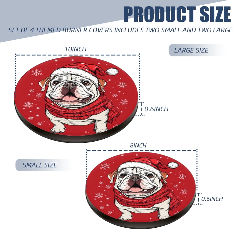 Christmas Burner Covers for Electric Stove, Red Christmas Cute Bulldog in Santa hat and Scarf Metal Round Durable Round Gas Stove Burner Covers Set of 4, 8 Inches and 10 Inches