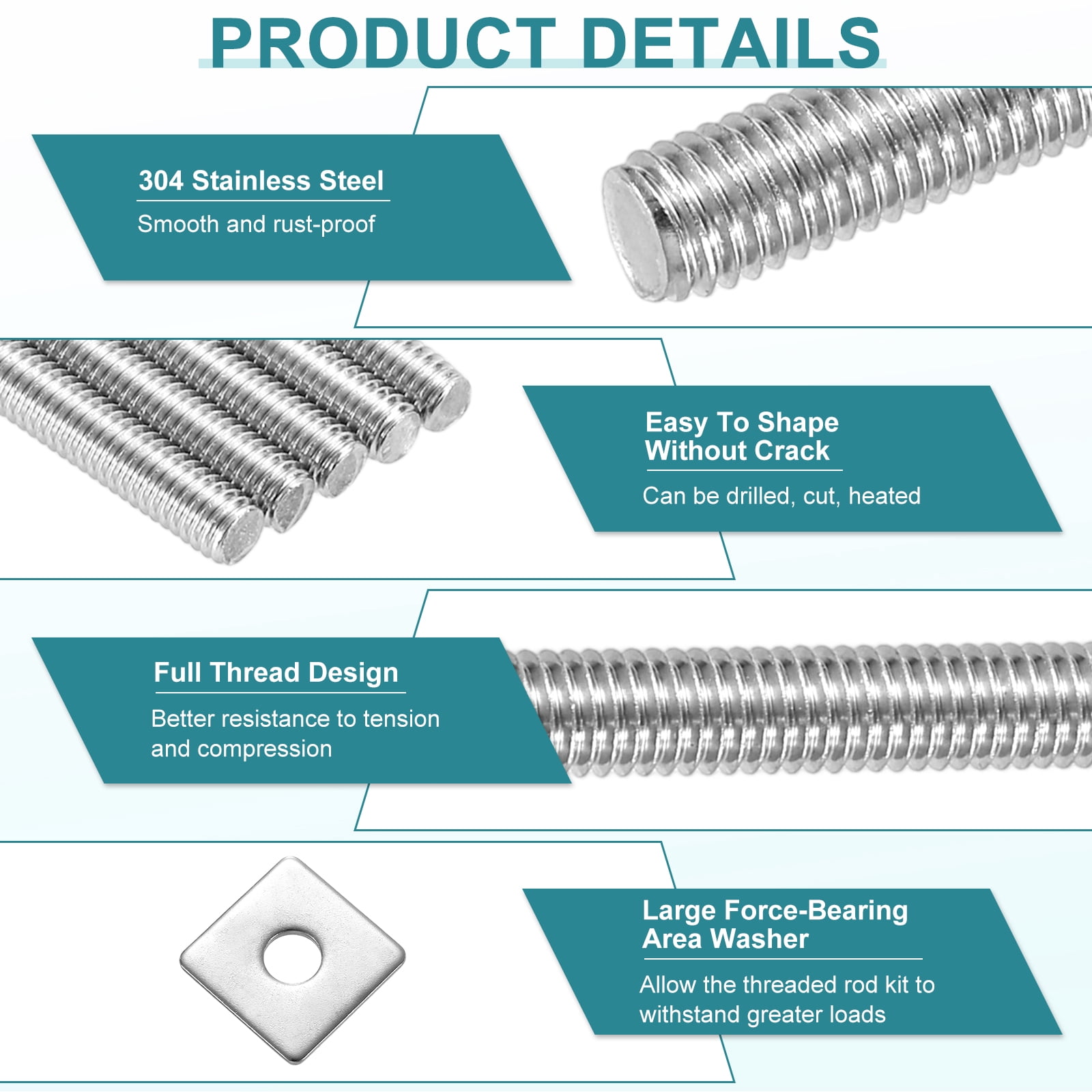2Pack Fully Threaded Rod, M8 x 500mm 304 Stainless Steel with Nuts Washers