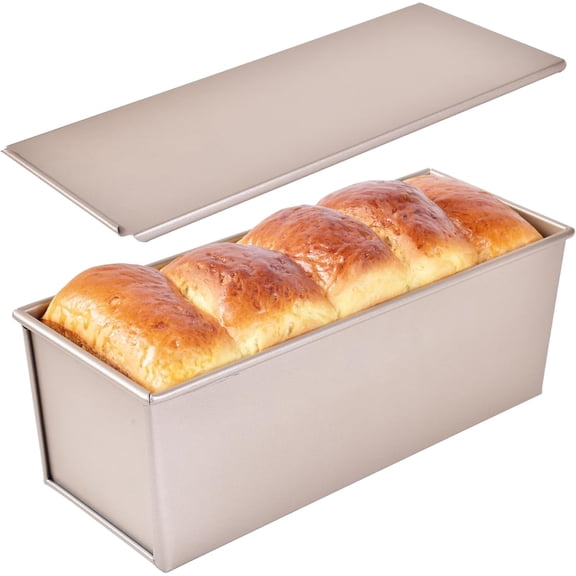 Commercial Pullman Loaf Pan with Lid, 2.2Lb Dough Capacity Non-stick Rectangle Flat Toast Box for Oven Baking 13.6"×5.4"×4.7"(Champagne Gold)