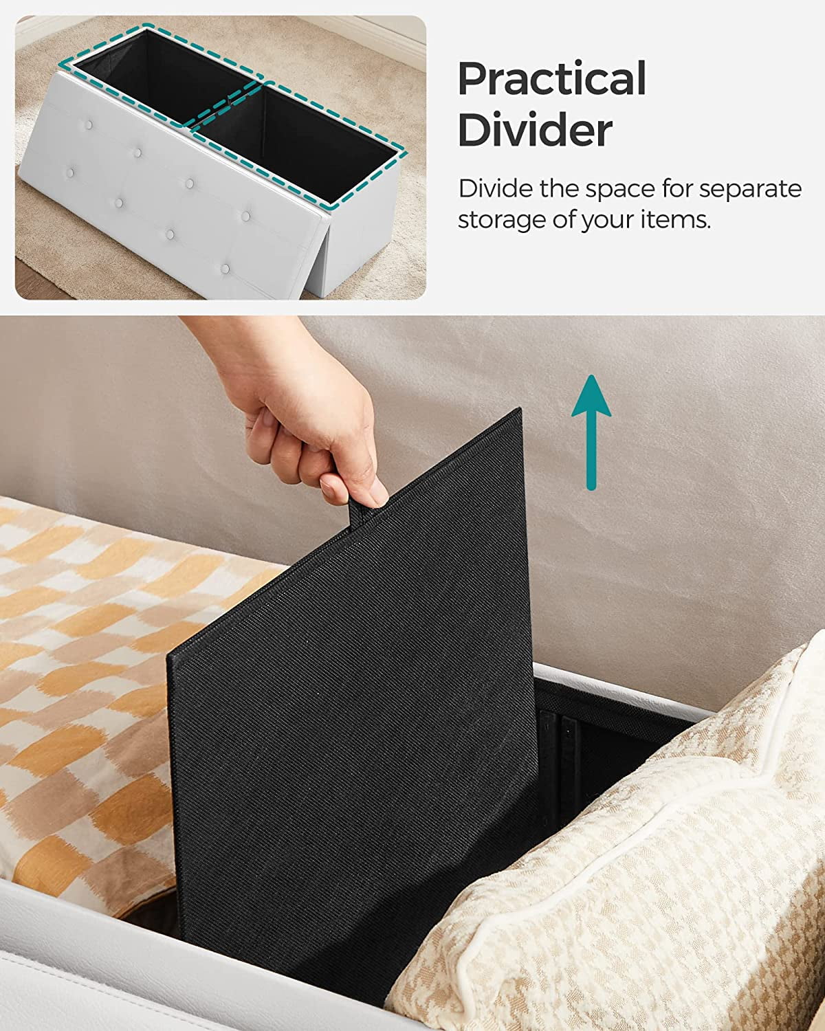 SONGMICS 43" Storage Ottoman Bench Leather Ottoman with Storage Hold up to 660lb Folding Footstools for Bedroom Living Room White