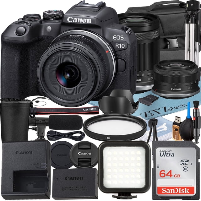 Canon EOS R10 Cámara sin Espejo con RF-S 18-45 Mm + Lente 18-150 Mm + Tarjeta de Memoria SanDisk de 64 Gb + Estuche + Flash LED + Paquete de Accesorios ZeeTech