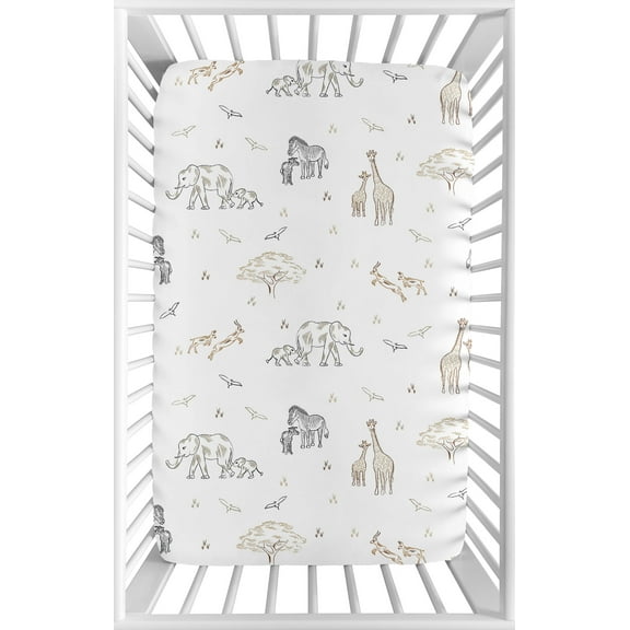 Sweet Jojo Designs Serengeti Animals Taupe and White Mini Fitted Crib Sheet