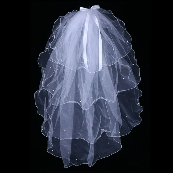 HONITANO 1Pcs White Tulle Metal Bridal Veil For Wedding Ceremony With Elegant Four Layer Drop